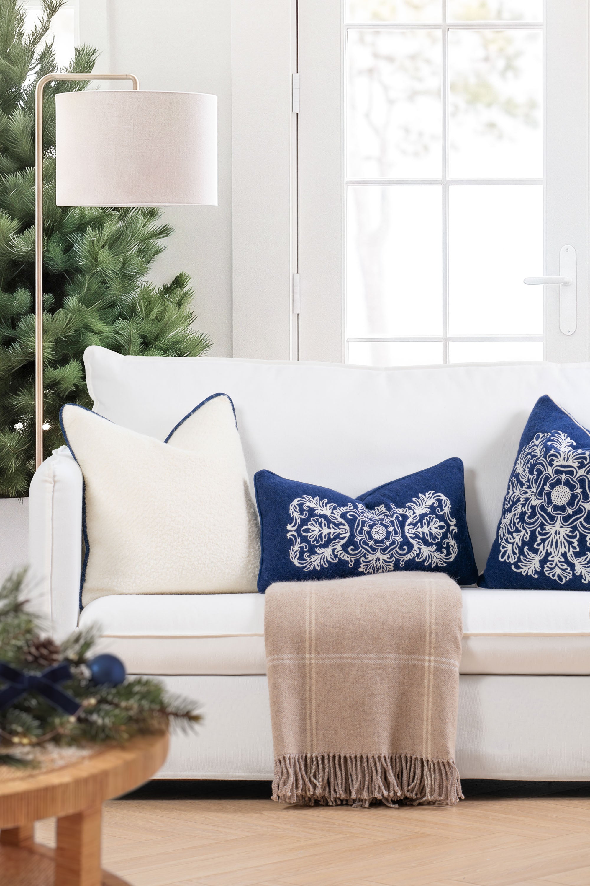 Clerion Tudor Rose Acanthus Leaf, Merino Wool Embroidered Christmas Pillow Cover, Navy Blue, 12”x20”