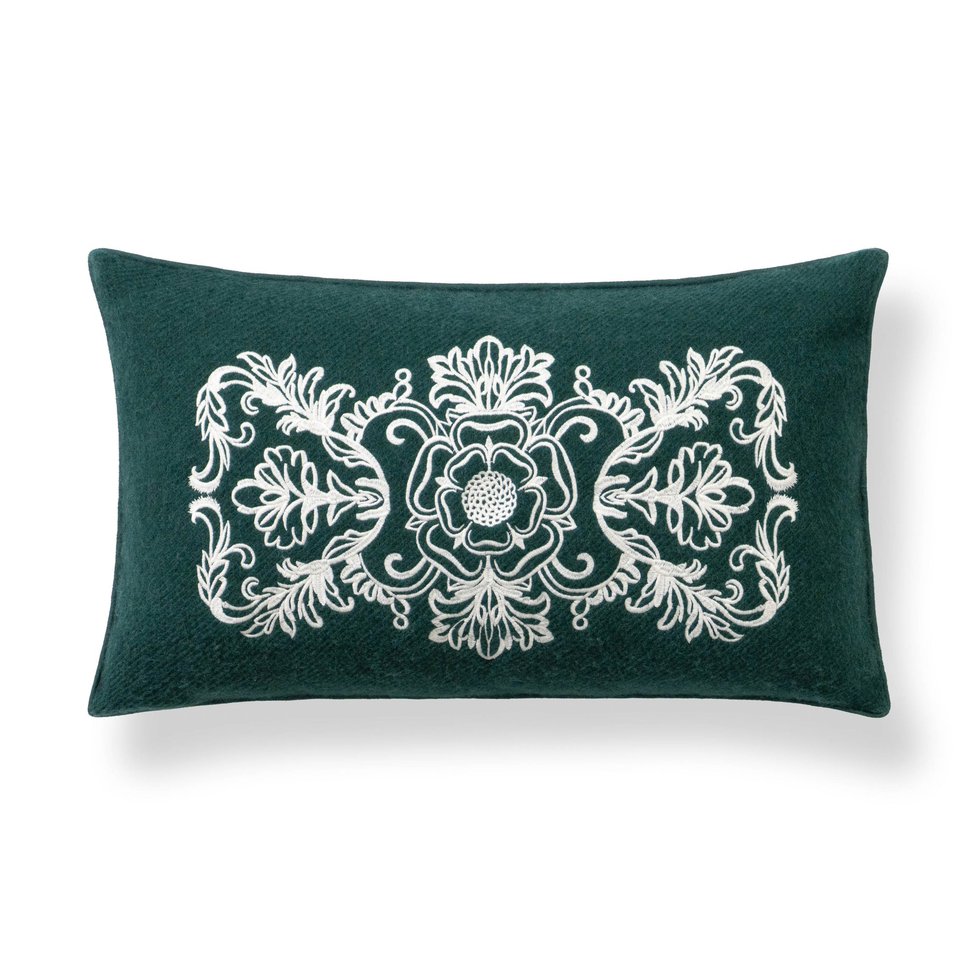 Clerion Tudor Rose Acanthus Leaf, Merino Wool Embroidered Lumbar Pillow Cover, Hunter Green, 12”x20”