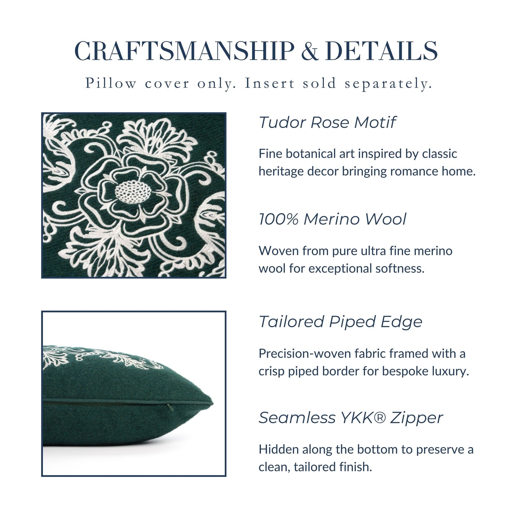 Clerion Tudor Rose Acanthus Leaf, Merino Wool Embroidered Lumbar Pillow Cover, Hunter Green, 12”x20”
