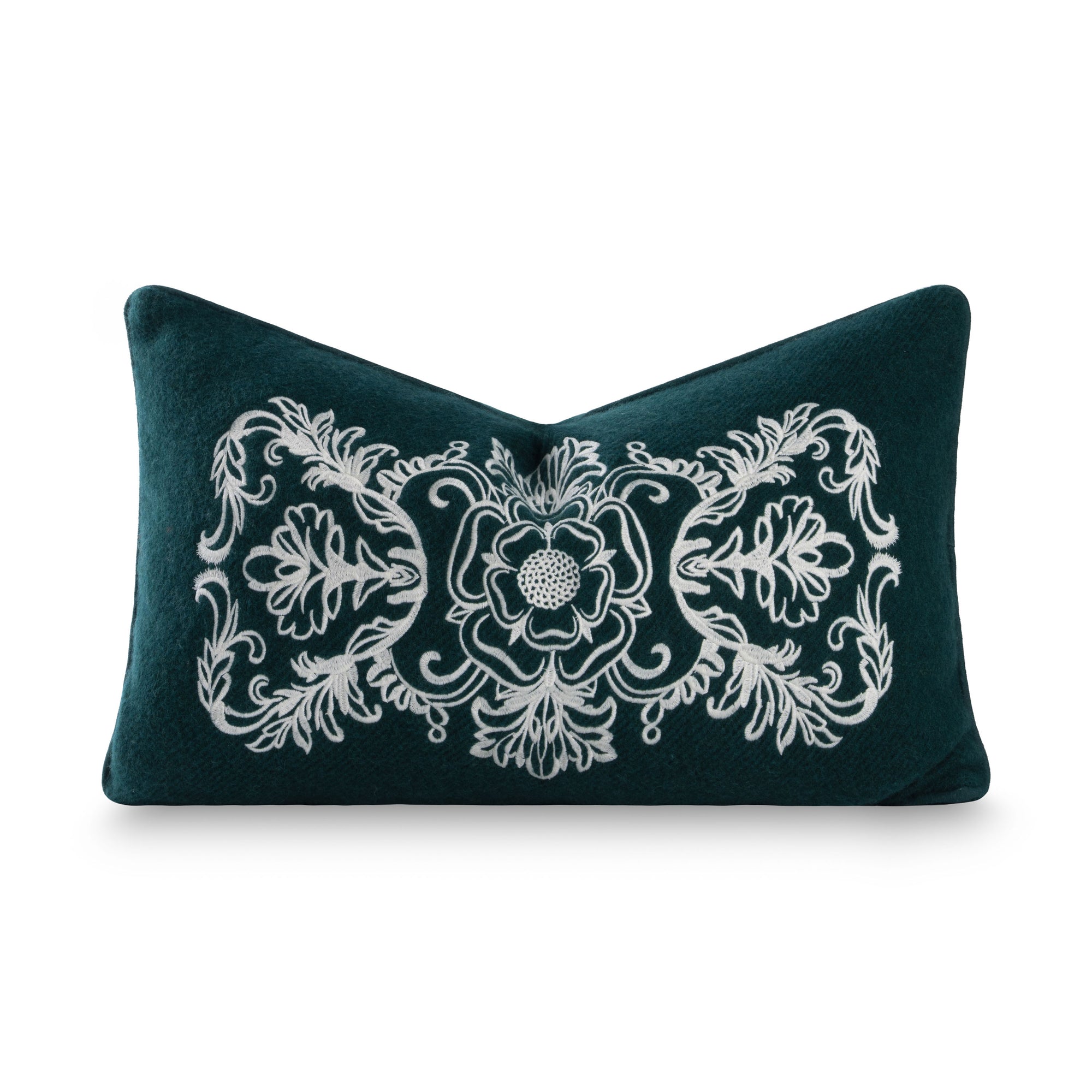 Clerion Tudor Rose Acanthus Leaf, Merino Wool Embroidered Lumbar Pillow Cover, Hunter Green, 12”x20”