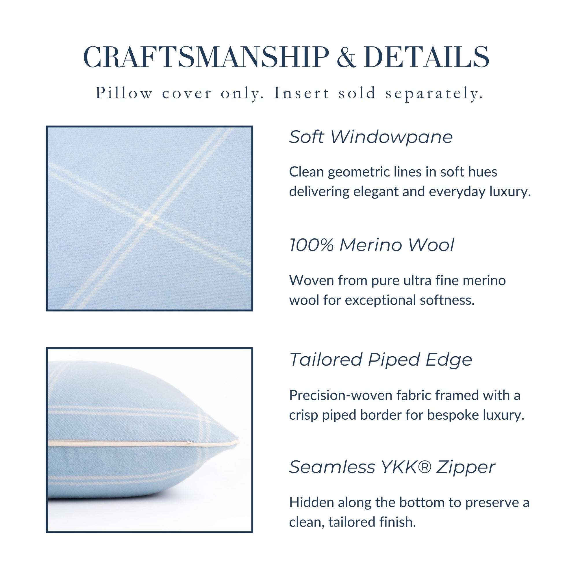 Chathia Windowpane, Merino Wool Checkered Pillow Cover, Dusty Blue, 22”x22”