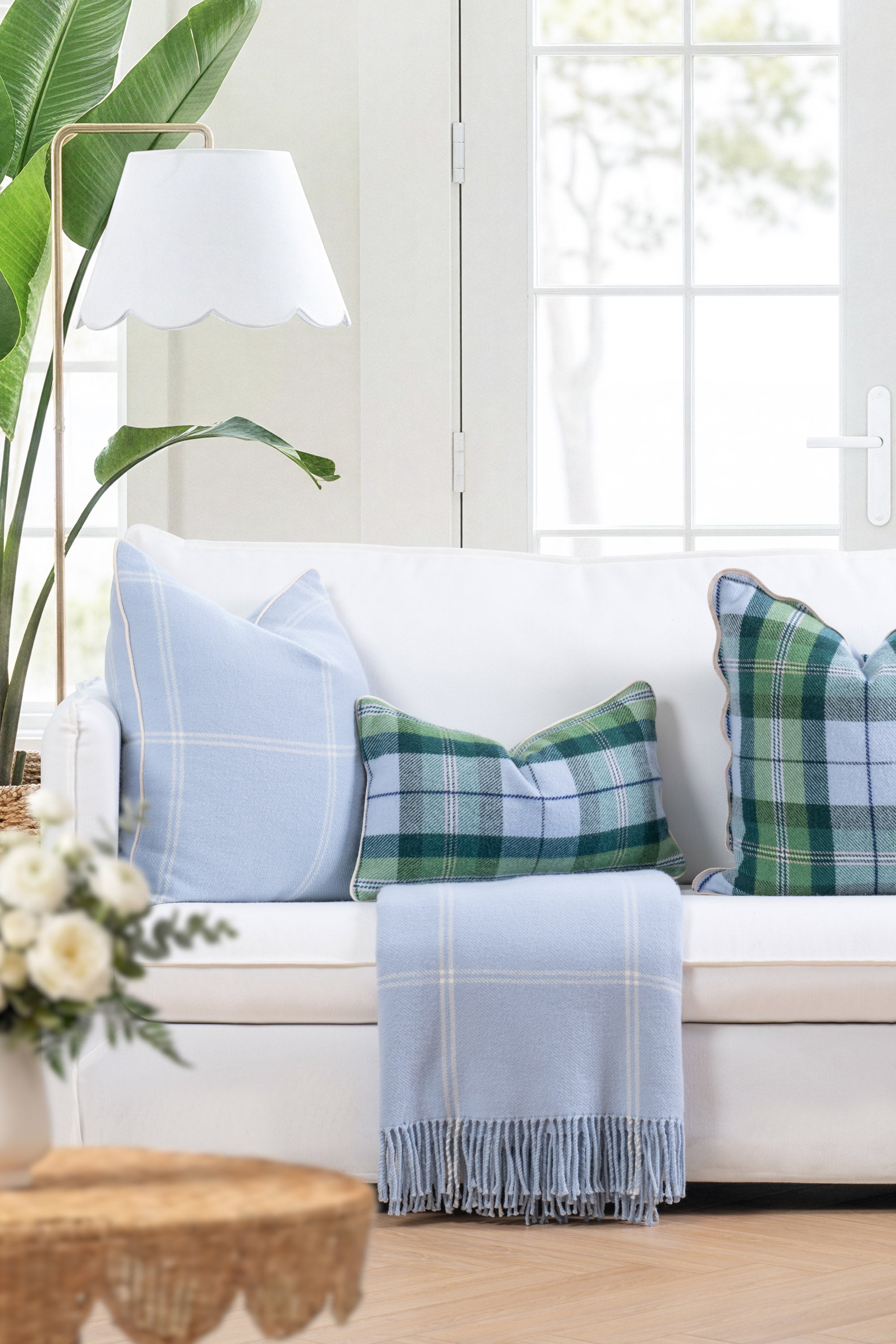 Chathia Windowpane, Merino Wool Checkered Pillow Cover, Dusty Blue, 22”x22”