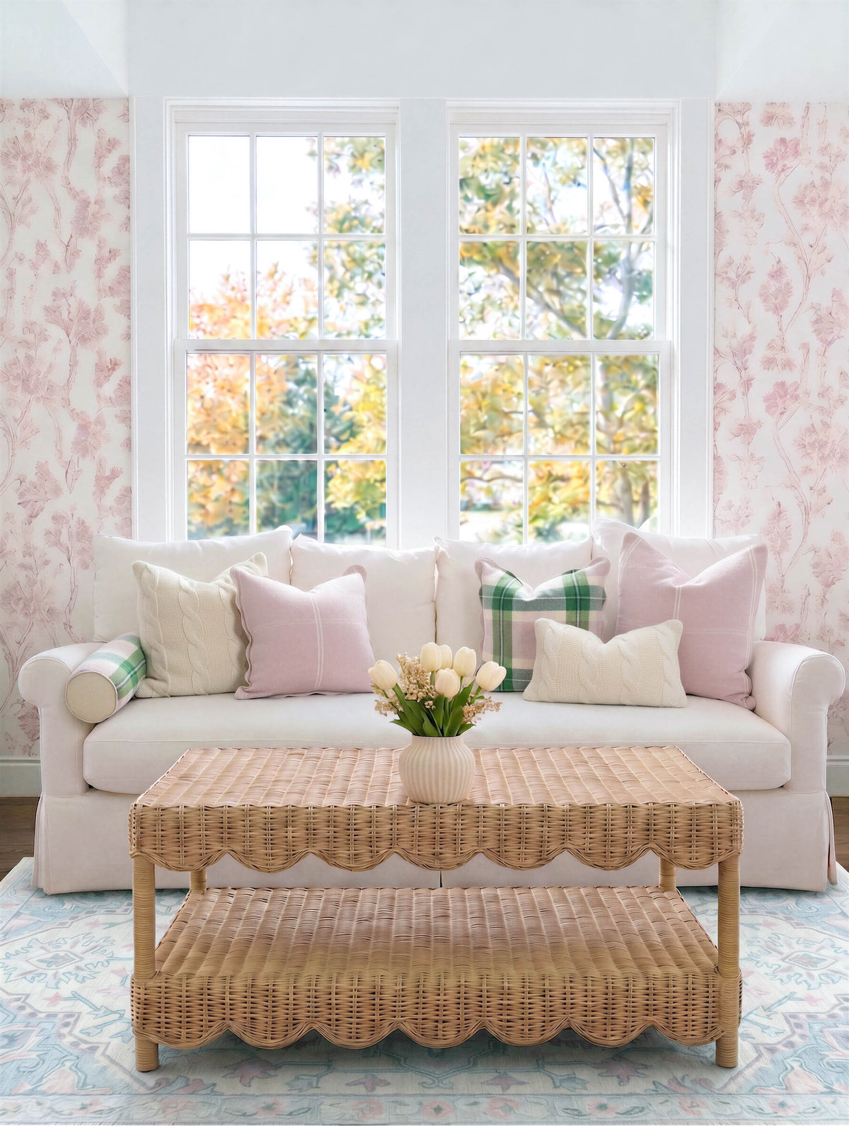 Chathia Windowpane, Merino Wool Pastel Throw Pillow Cover, Vintage Pink, 22"x22"
