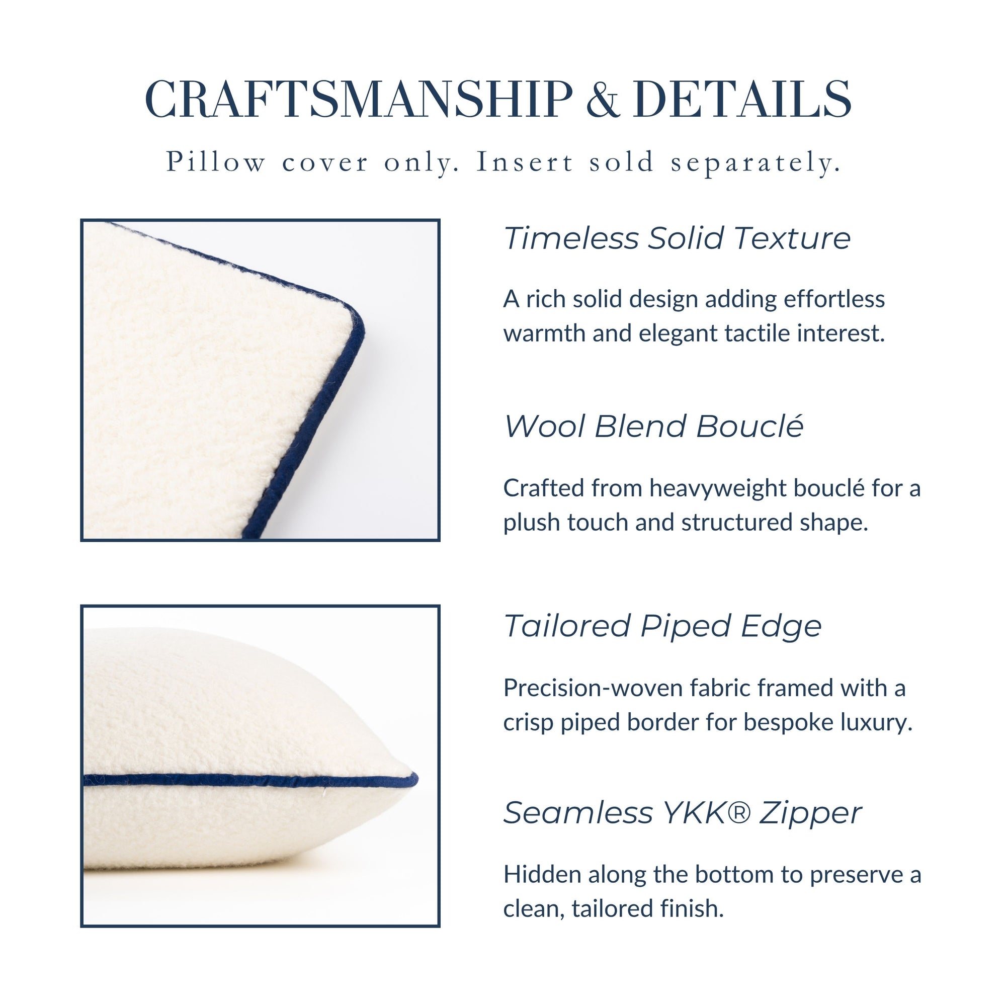 Asper, Merino Wool Blend Boucle Large Throw Pillow Cover, Beige Navy, 22”x22”