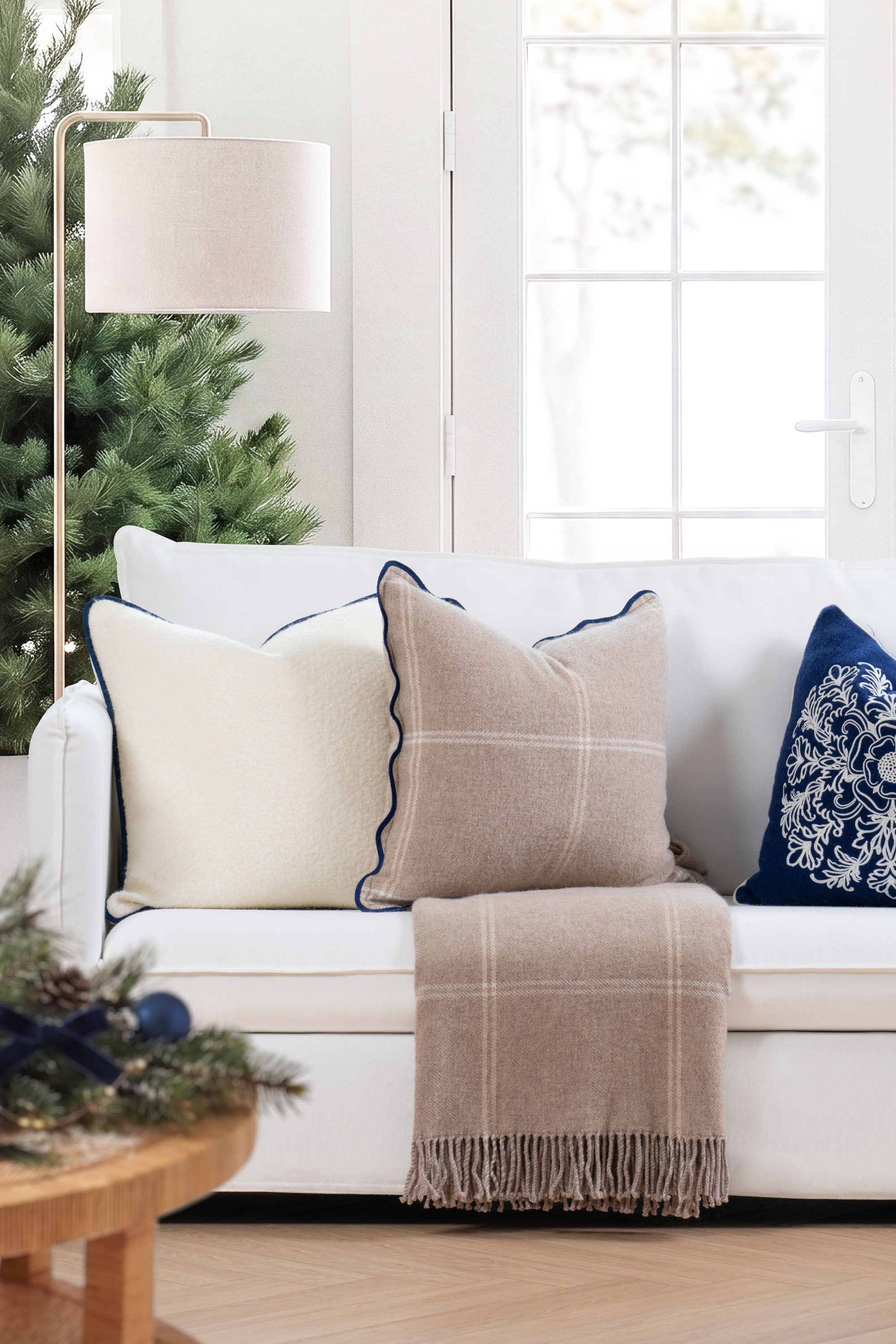 Asper, Merino Wool Blend Boucle Large Throw Pillow Cover, Beige Navy, 22”x22”