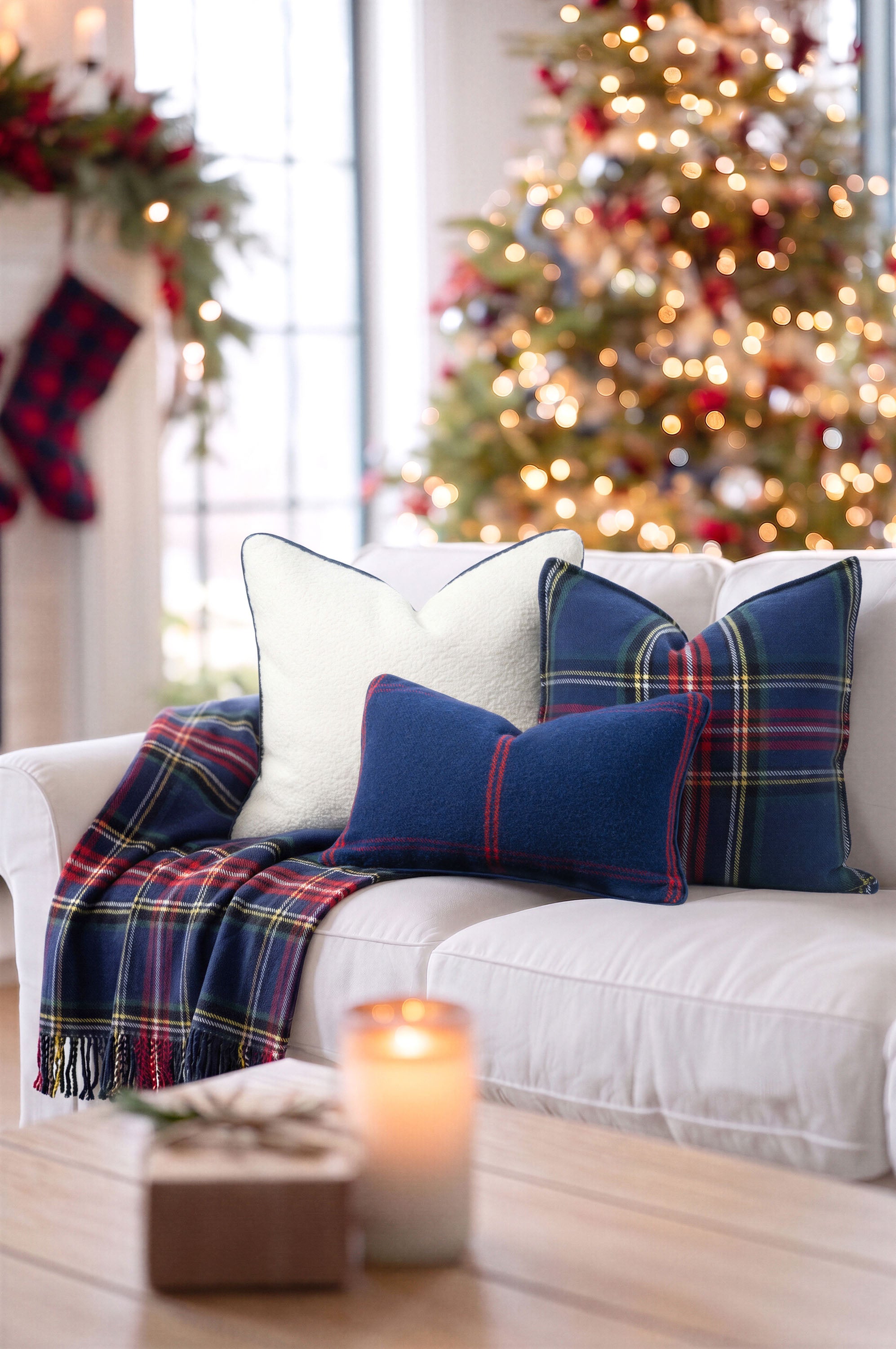 Asper, Merino Wool Blend Boucle Large Throw Pillow Cover, Beige Navy, 22”x22”