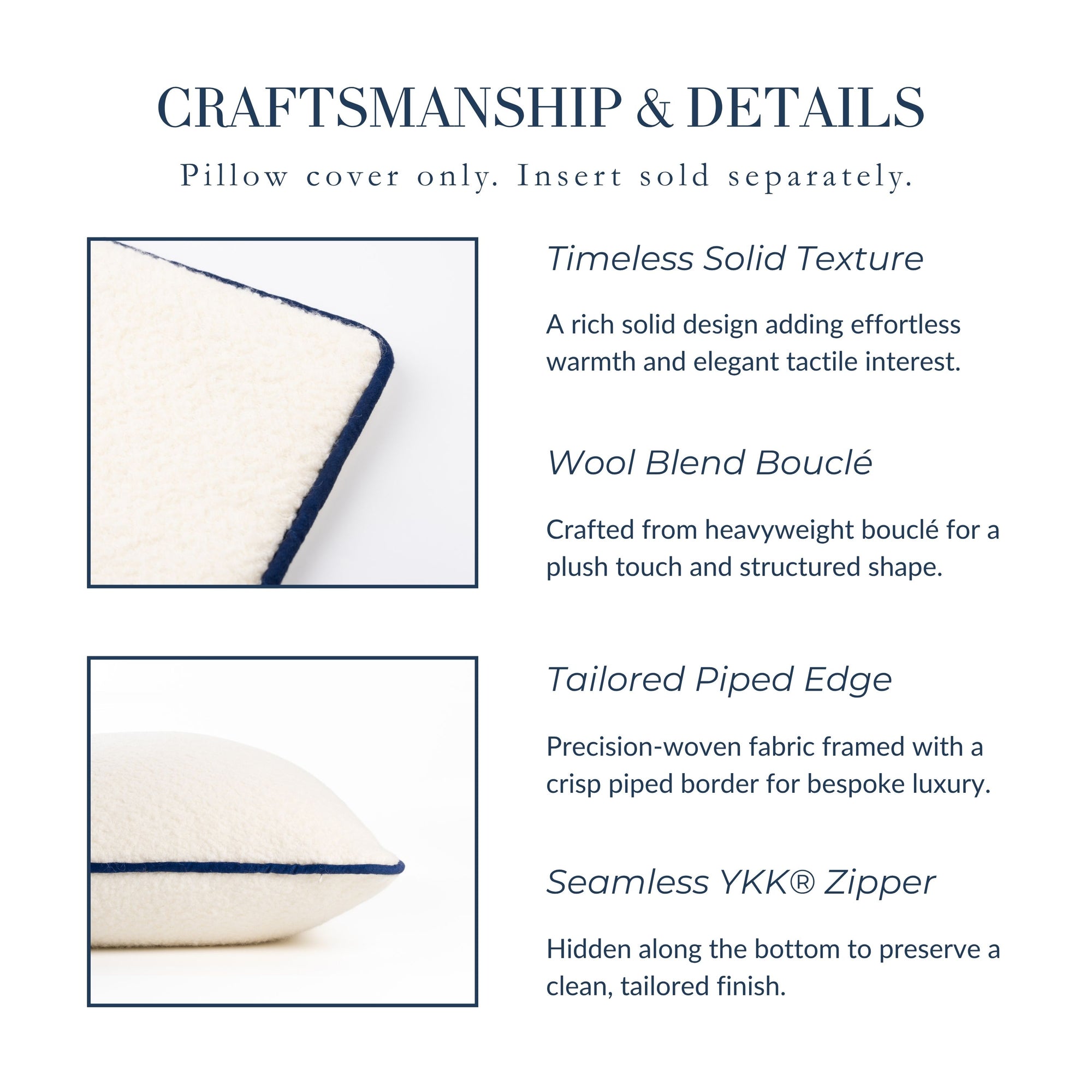 Asper, Merino Wool Blend Boucle Decorative Lumbar Pillow Cover, Beige Navy, 12"x20"