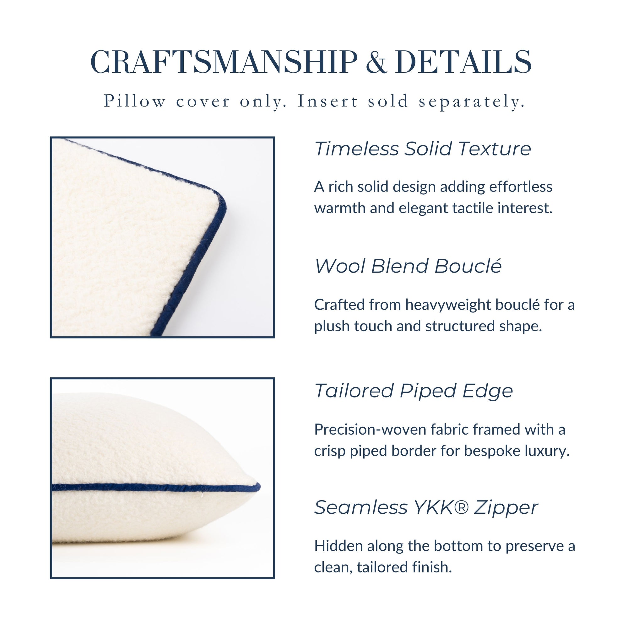 Asper, Merino Wool Blend Boucle Textured Pillow Cover, Beige Navy, 20”x20”
