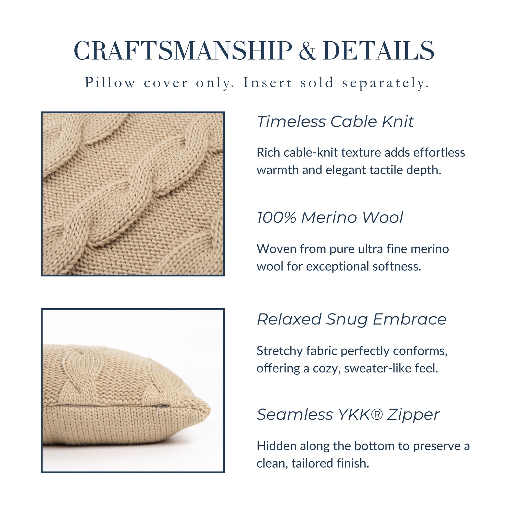 Aranis, Merino Wool Cable Knit Luxury Pillow Cover, Classic Camel, 12"x20"