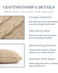 Aranis, Merino Wool Cable Knit Luxury Pillow Cover, Classic Camel, 12"x20"