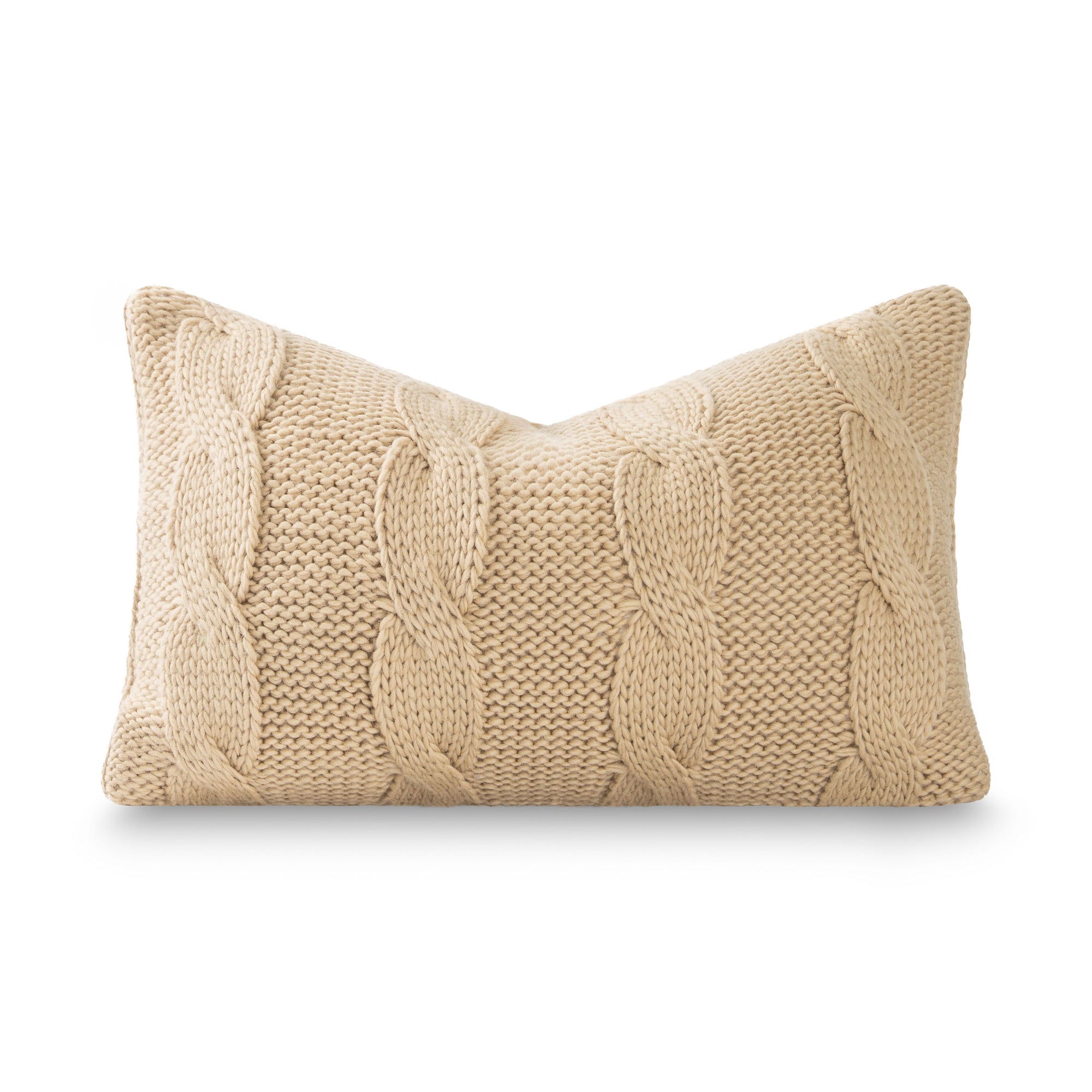 Aranis, Merino Wool Cable Knit Luxury Pillow Cover, Classic Camel, 12"x20"