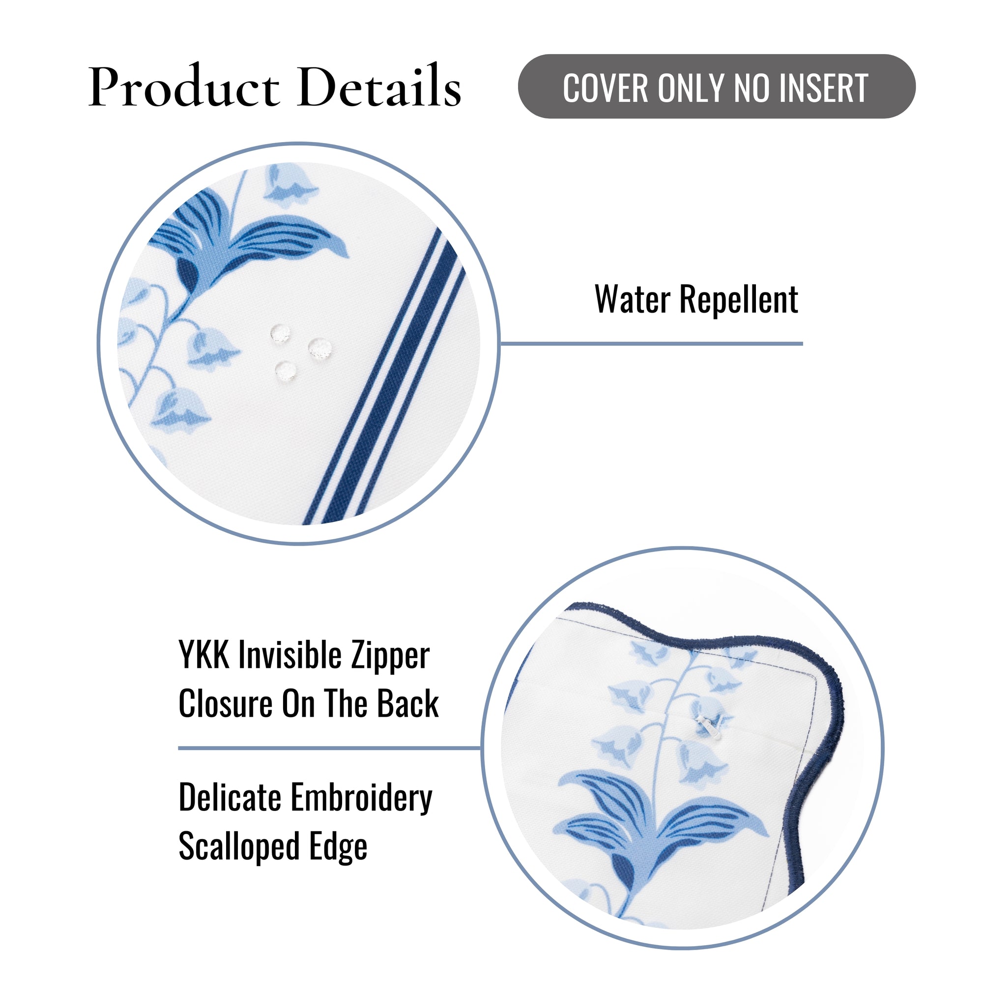 Newvalis, Indoor/Outdoor Azure Navy Blue Floral Decorative Pillow Cover, with Scalloped Border, 20"x20"