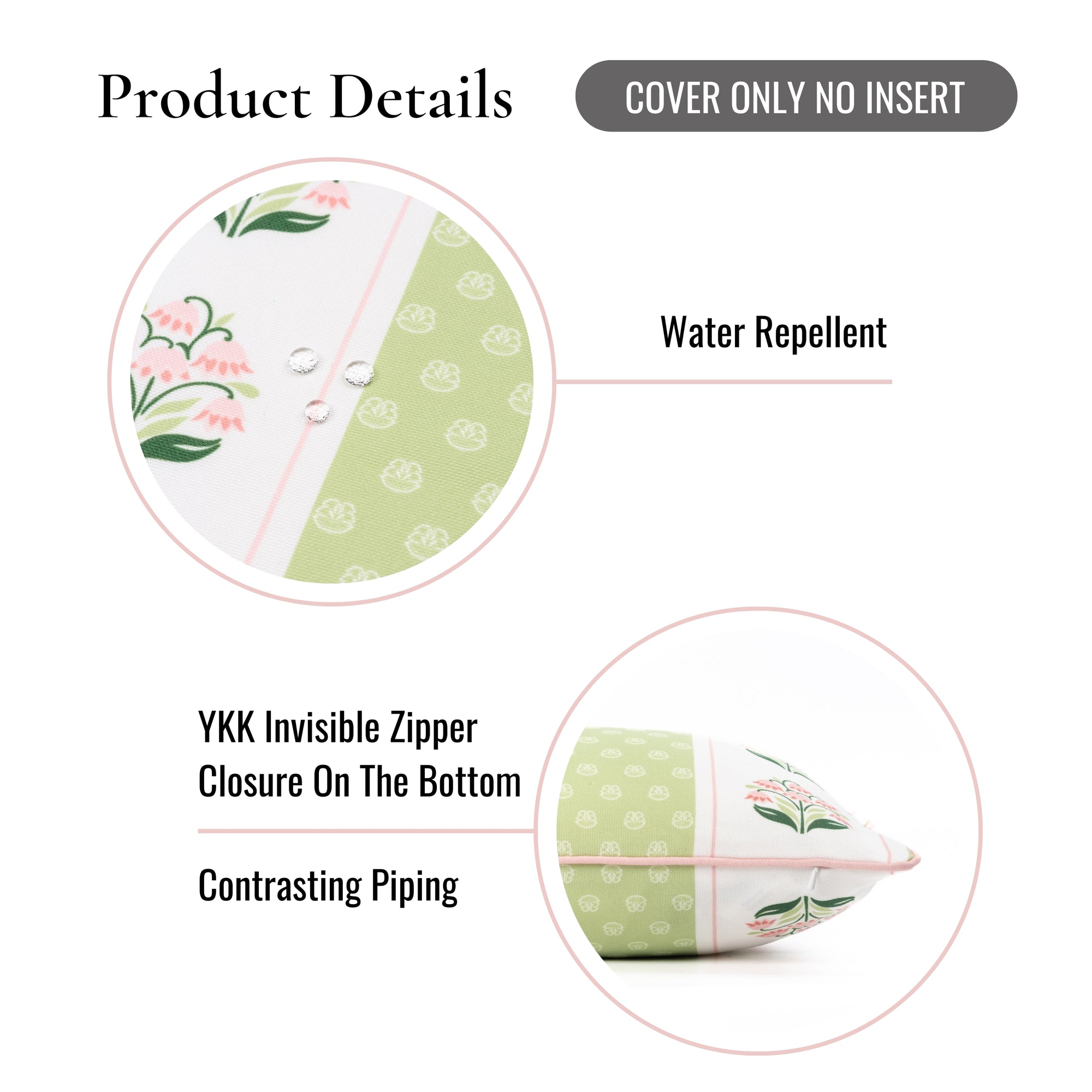 Charlivale, Indoor/Outdoor Grass Green Pink Block Print Pillow Cover, with Piping, 20"x20"