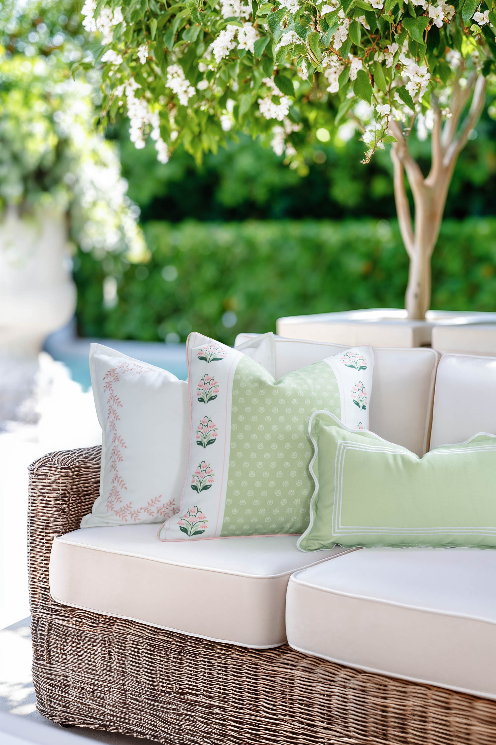 Charlivale, Indoor/Outdoor Grass Green Pink Block Print Pillow Cover, with Piping, 20"x20"