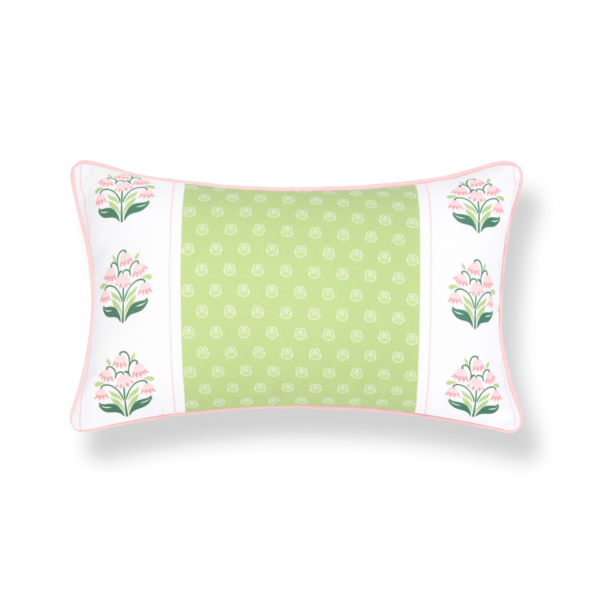 Charlivale, Indoor/Outdoor Grass Green Pink Decorative Lumbar Pillow Cover, with Piping, 12"x20"