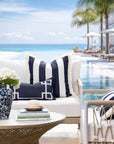 Beach Stripes, Outdoor Performance Indigo Blue Waterproof Pillow Cover, with Fringe, 20"x20"