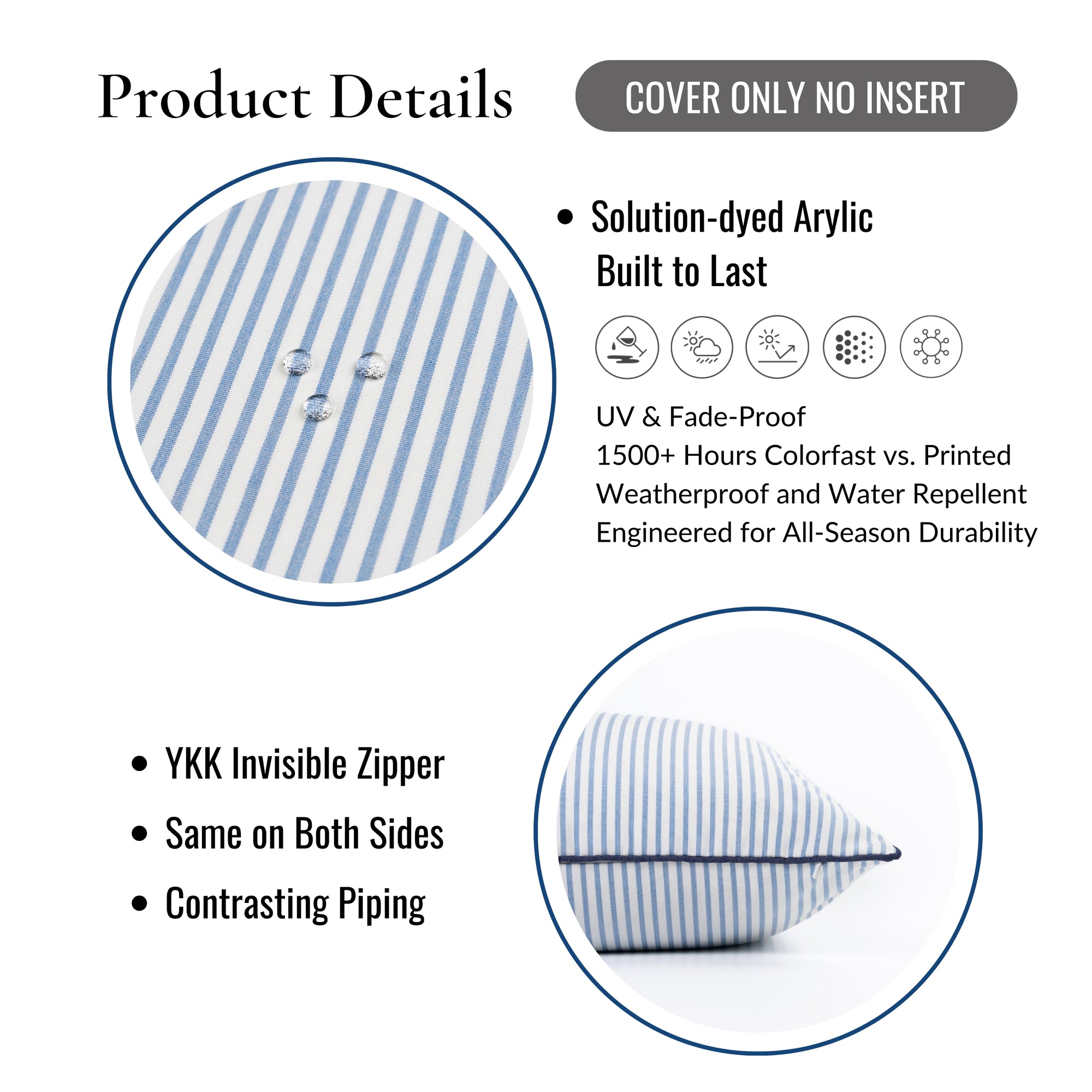 Coastline Stripes, Outdoor Performance Azure Blue Indigo Pillow Cover, with Piping, 20"x20"