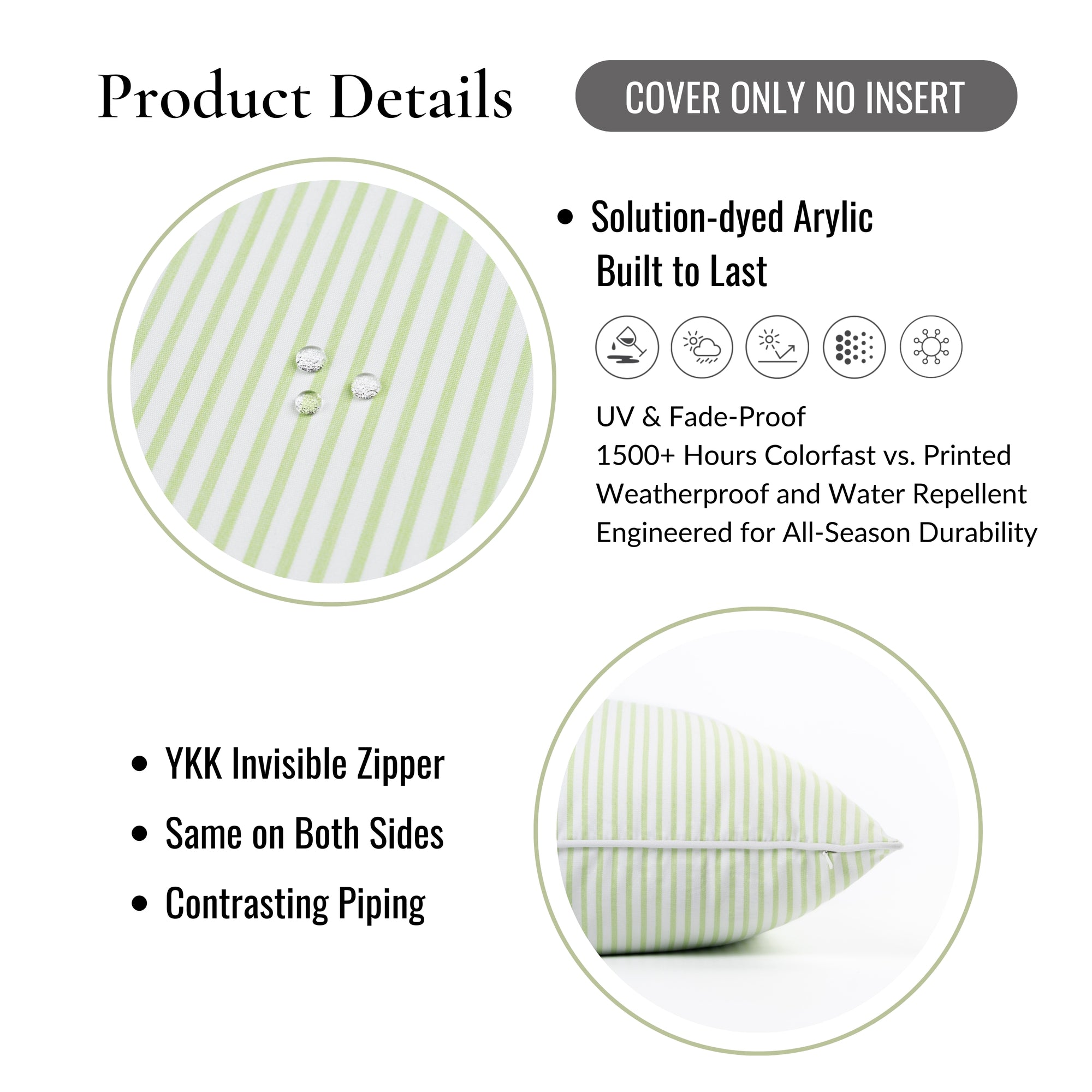 Coastline Stripes, Outdoor Performance Grass Green Pillow Cover, with Piping, 20"x20"