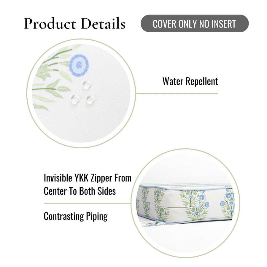 Coastal Indoor Outdoor Seat Cushion Cover Only Set of 2, Floral, Baby Blue Green, 24