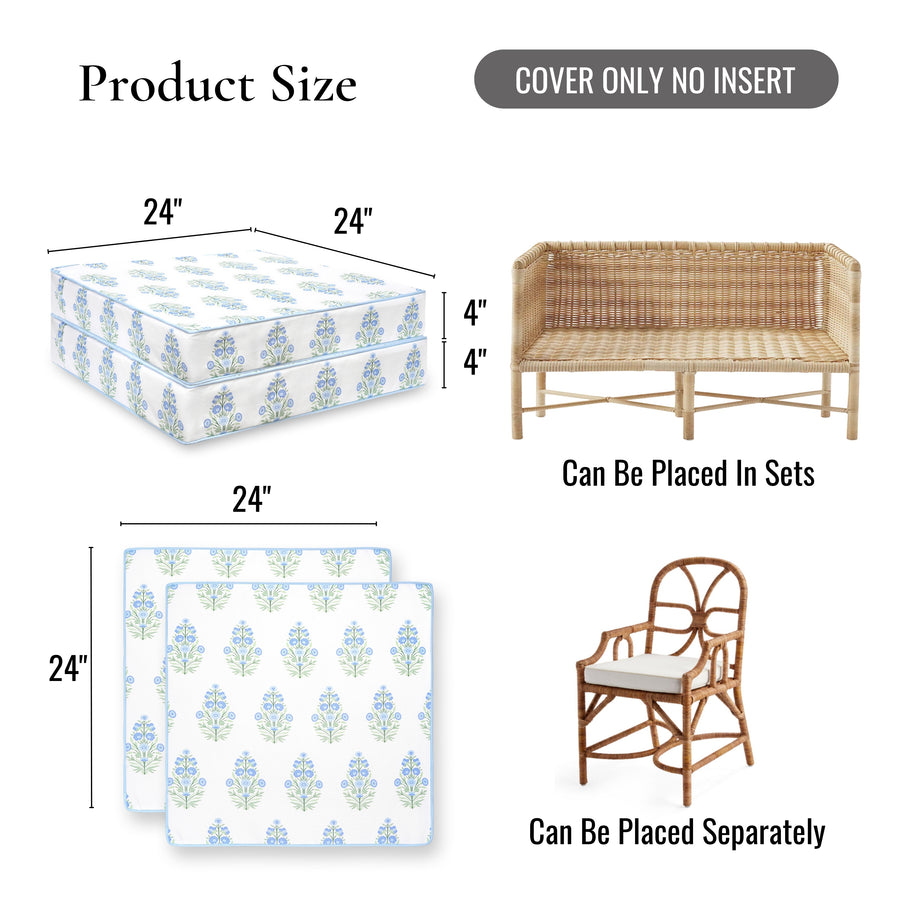 Coastal Indoor Outdoor Seat Cushion Cover Only Set of 2, Floral, Baby Blue Green, 24