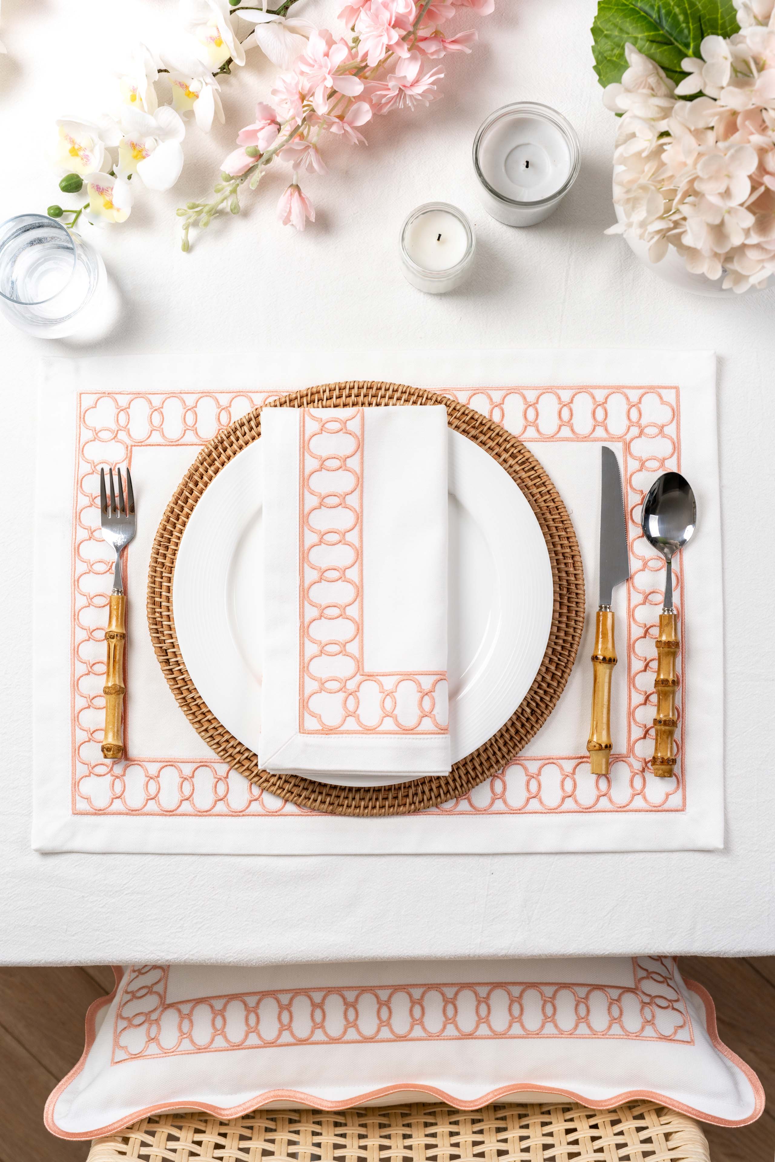 Coastal Pink Embroidered Placemat Set, Embroidered Frame, Blush Pink 14 ...