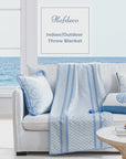 Palmira Stripes, Blue Throw Blanket, Woven Stripes and Tropical Leaves with Piping, 50"x70"