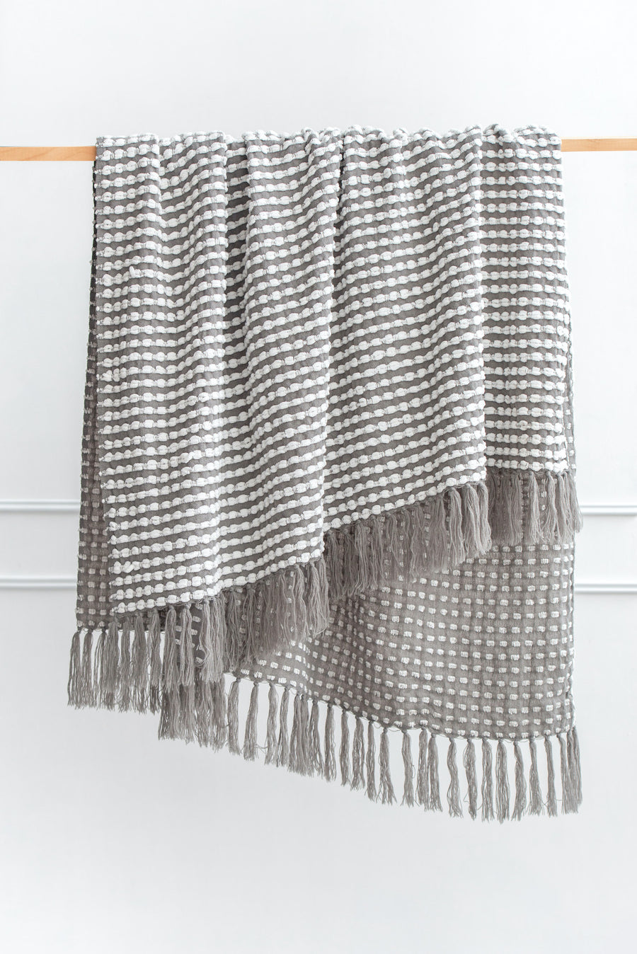 Modern Decorative Throw Blanket with Fringes, Dark Gray and White, 50