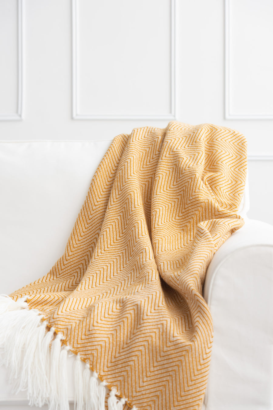Classic Knitted Throw Blanket with Fringes, Neda, Herringbone Stripes, Mustard Yellow, 50