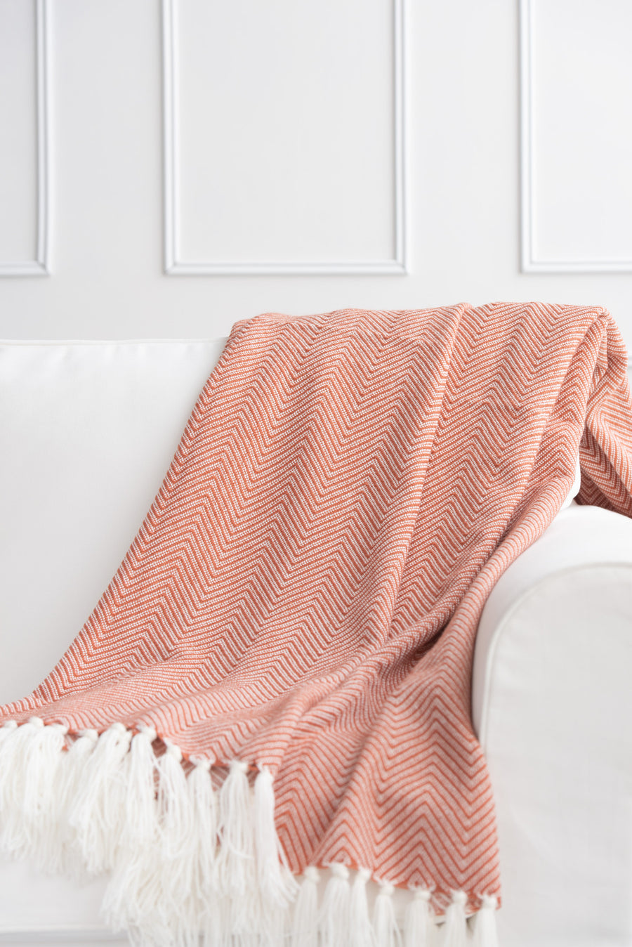 Classic Knitted Throw Blanket with Fringes, Neda, Herringbone Stripes, Rust Orange, 50