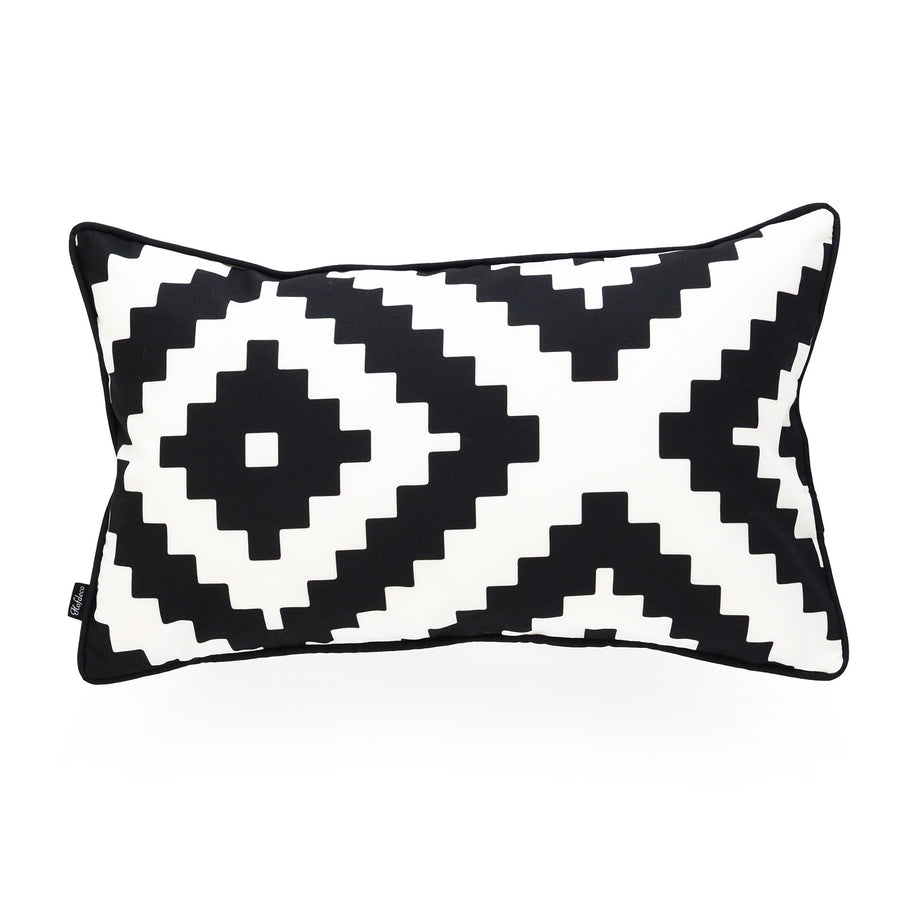 Black and White Outdoor Lumbar Pillow Cover, Ikat Diamond, 12