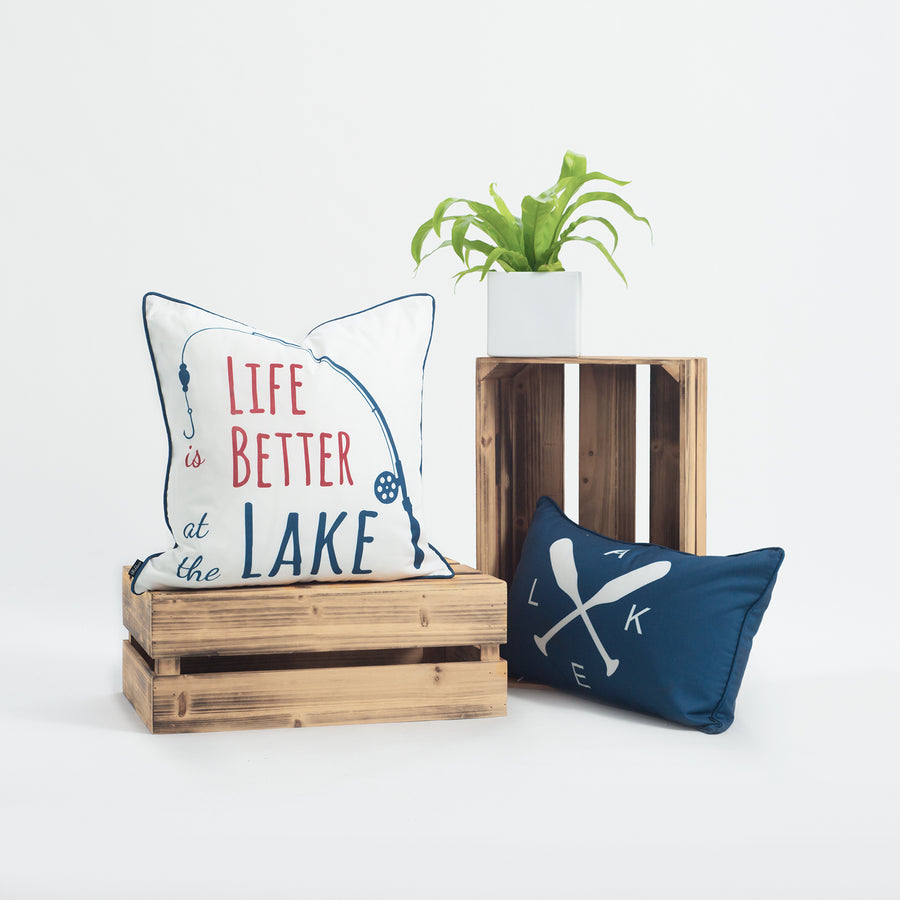 Lake House Outdoor Pillow Cover, Life Better At The Lake, Navy, 18