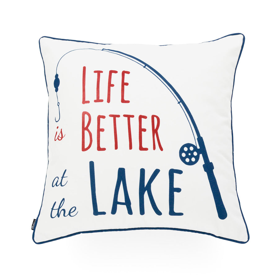 Lake House Outdoor Pillow Cover, Life Better At The Lake, Navy, 18