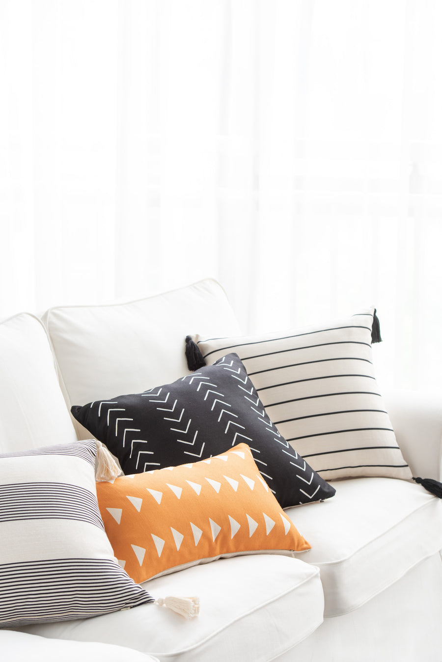Moroccan Tassel Neutral Pillow Cover, Stripes, Black Beige, 18
