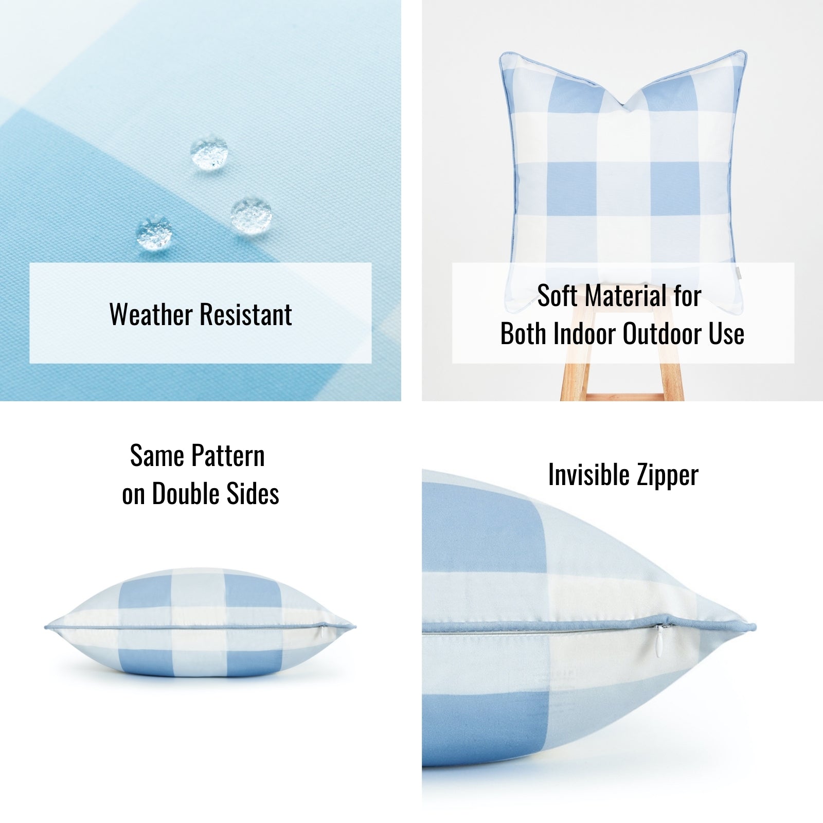 Farmhouse Outdoor Pillows, Buffalo Check, Baby Blue Hofdeco