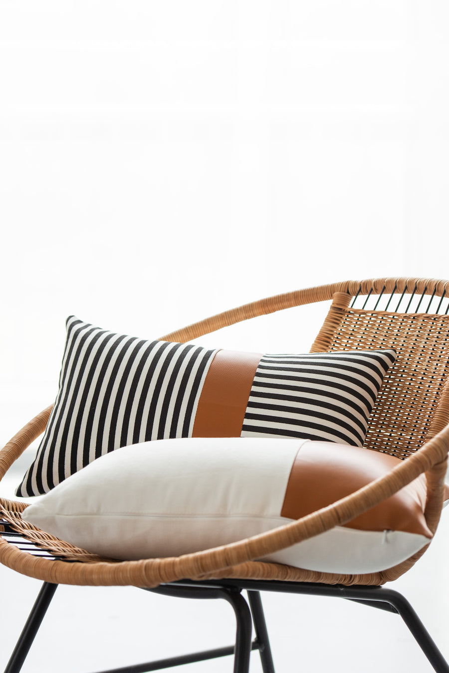 Faux Leather Lumbar Pillow Cover, Modern Design Stripes, Camel Black, 12