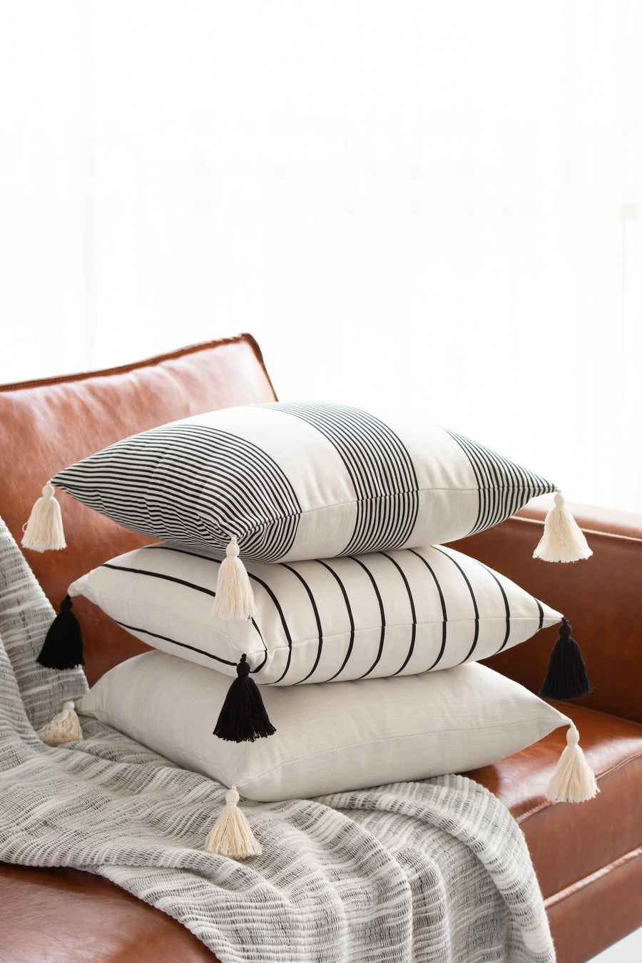 Moroccan Tassel Neutral Pillow Cover, Stripes, Black Beige, 18
