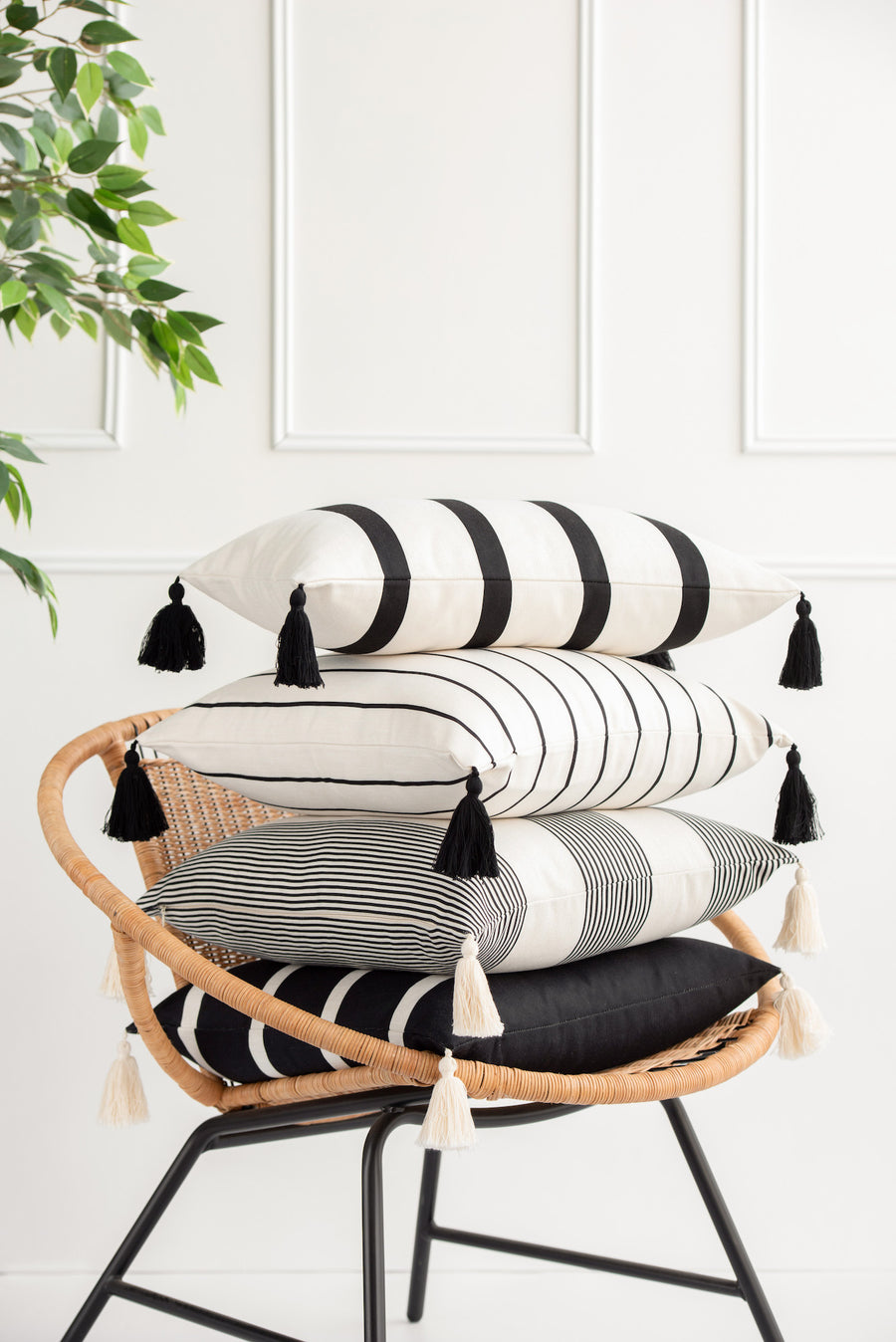 Moroccan Tassel Neutral Pillow Cover, Stripes, Black Beige, 18