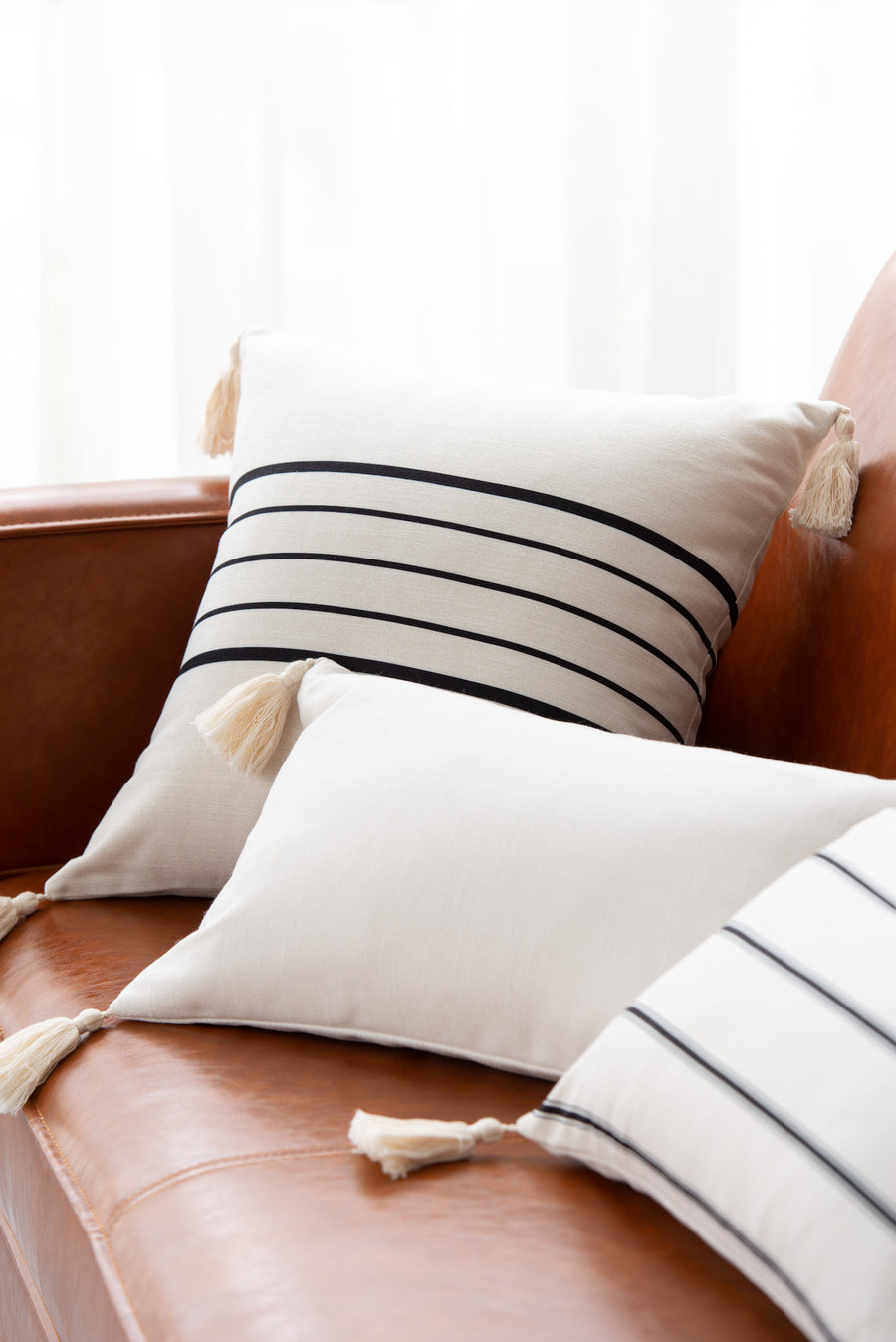 Modern Boho Outdoor Pillow Cover, Striped Tassel, Beige, 18
