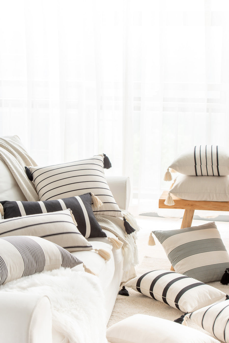 Moroccan Tassel Neutral Pillow Cover, Stripes, Black Beige, 18