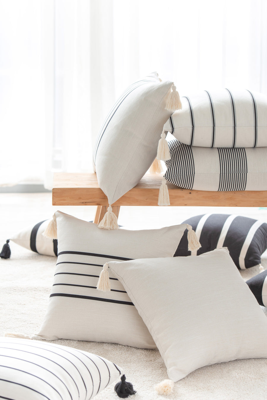 Moroccan Tassel Neutral Pillow Cover, Stripes, Black Beige, 18