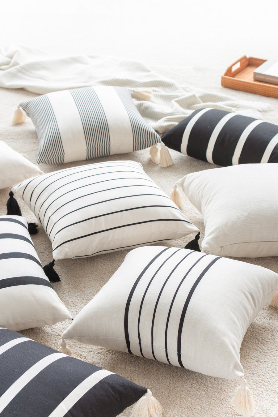 Moroccan Tassel Neutral Lumbar Pillow Cover, Stripes, Black Beige , 12