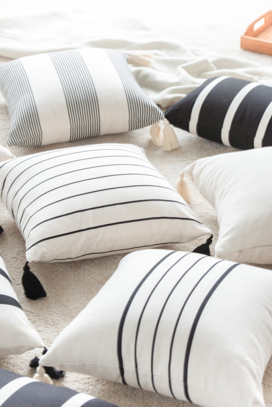 Moroccan Tassel Neutral Pillow Cover, Striped, Beige Black, 18