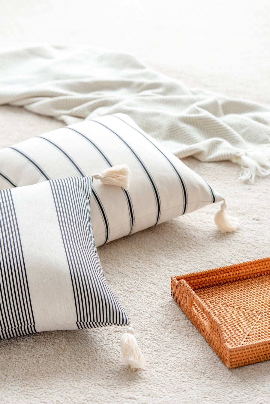 Modern Boho Outdoor Pillow Cover, Striped Tassel, Beige, 18
