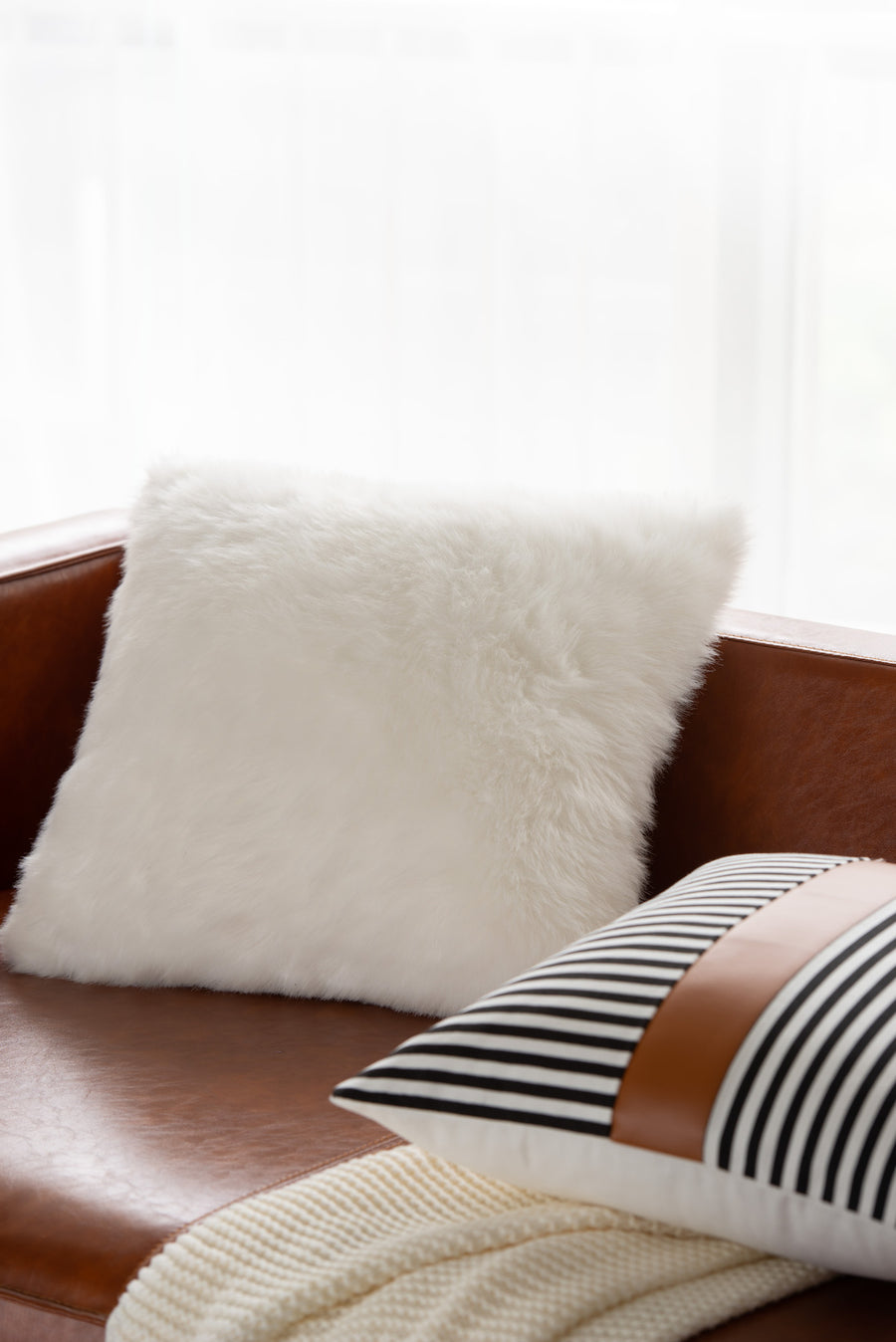 Faux Leather Pillow Cover, Modern Design Stripes, Camel Black, 18