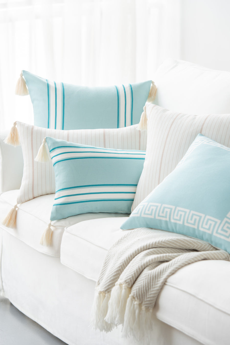 Coastal Lumbar Pillow Cover, Aviv, Stripe Tassel, Aqua Turquoise, 12