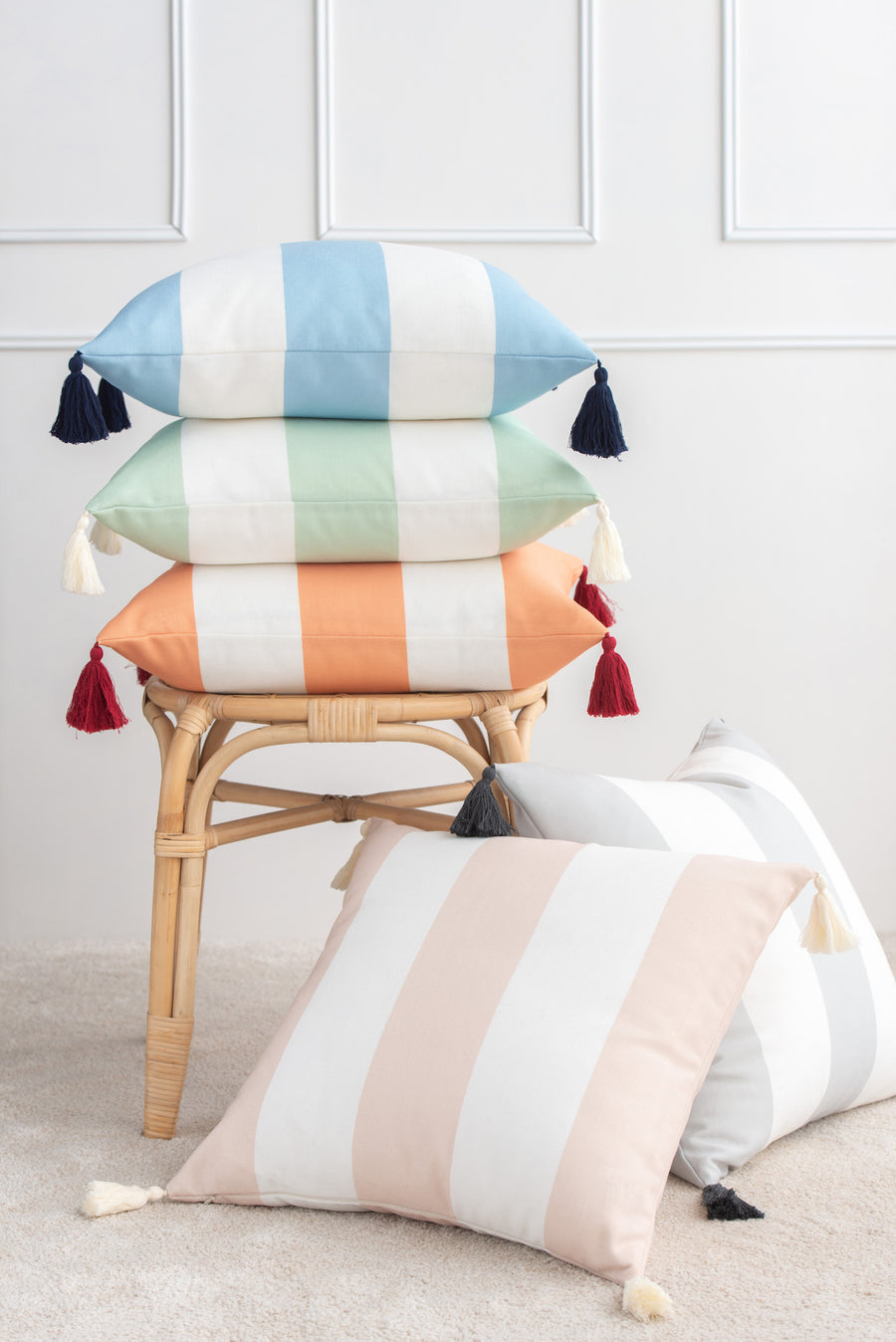 Beach Coastal Outdoor Pillow Cover, Malta, Striped Tassel, Sky Blue, 20