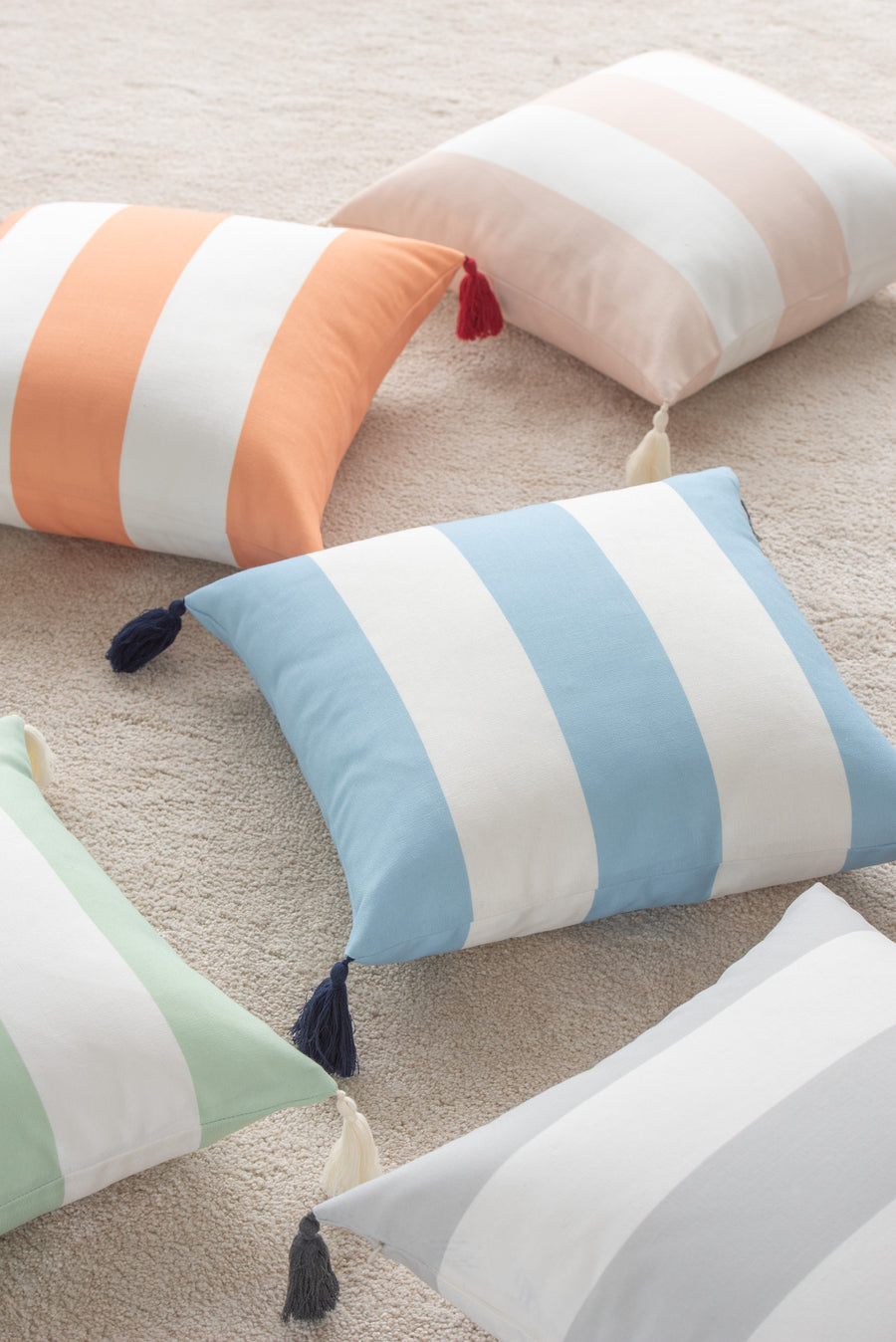 Beach Coastal Outdoor Pillow Cover, Malta, Striped Tassel, Sky Blue, 20