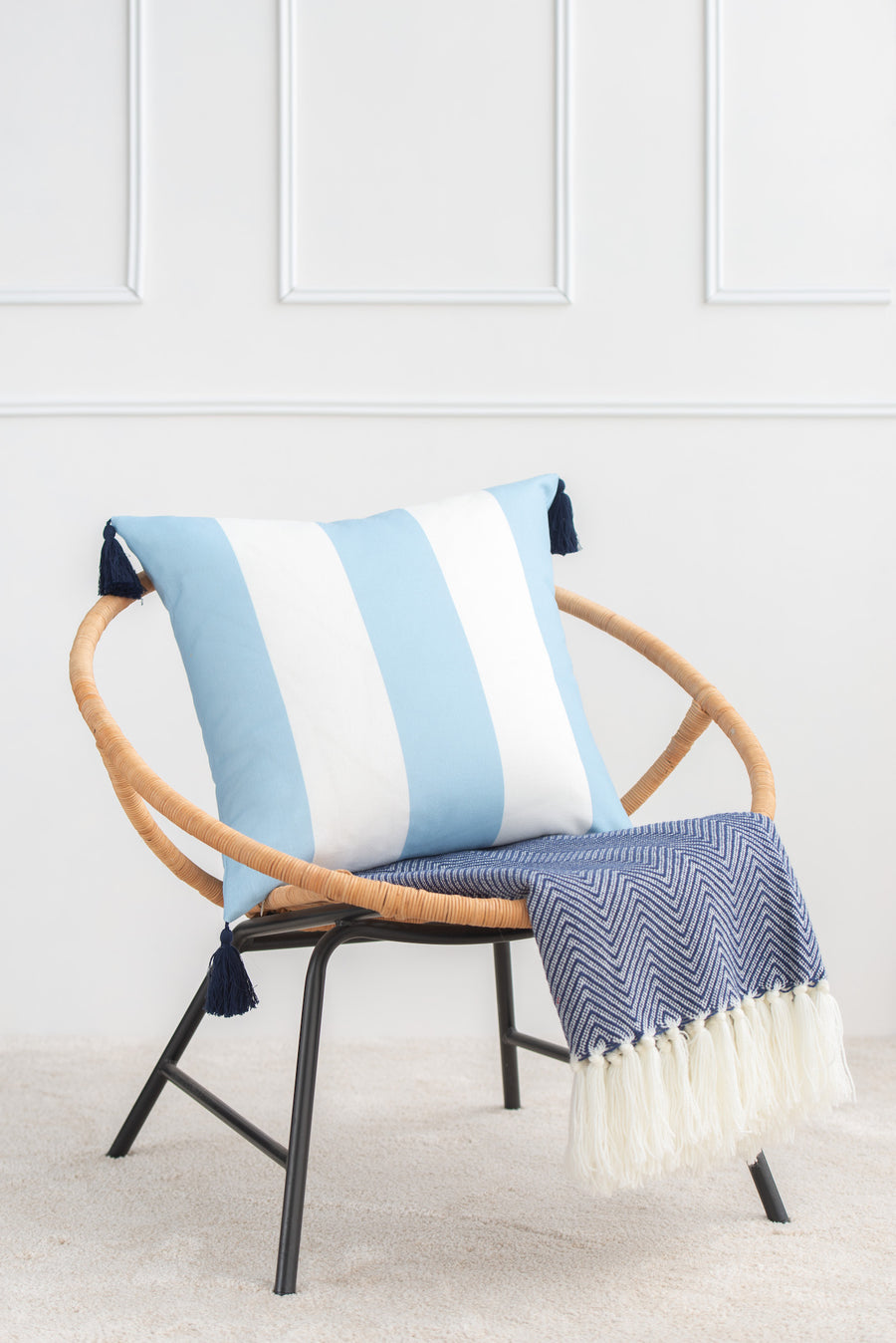 Beach Coastal Outdoor Pillow Cover, Malta, Striped Tassel, Sky Blue, 20