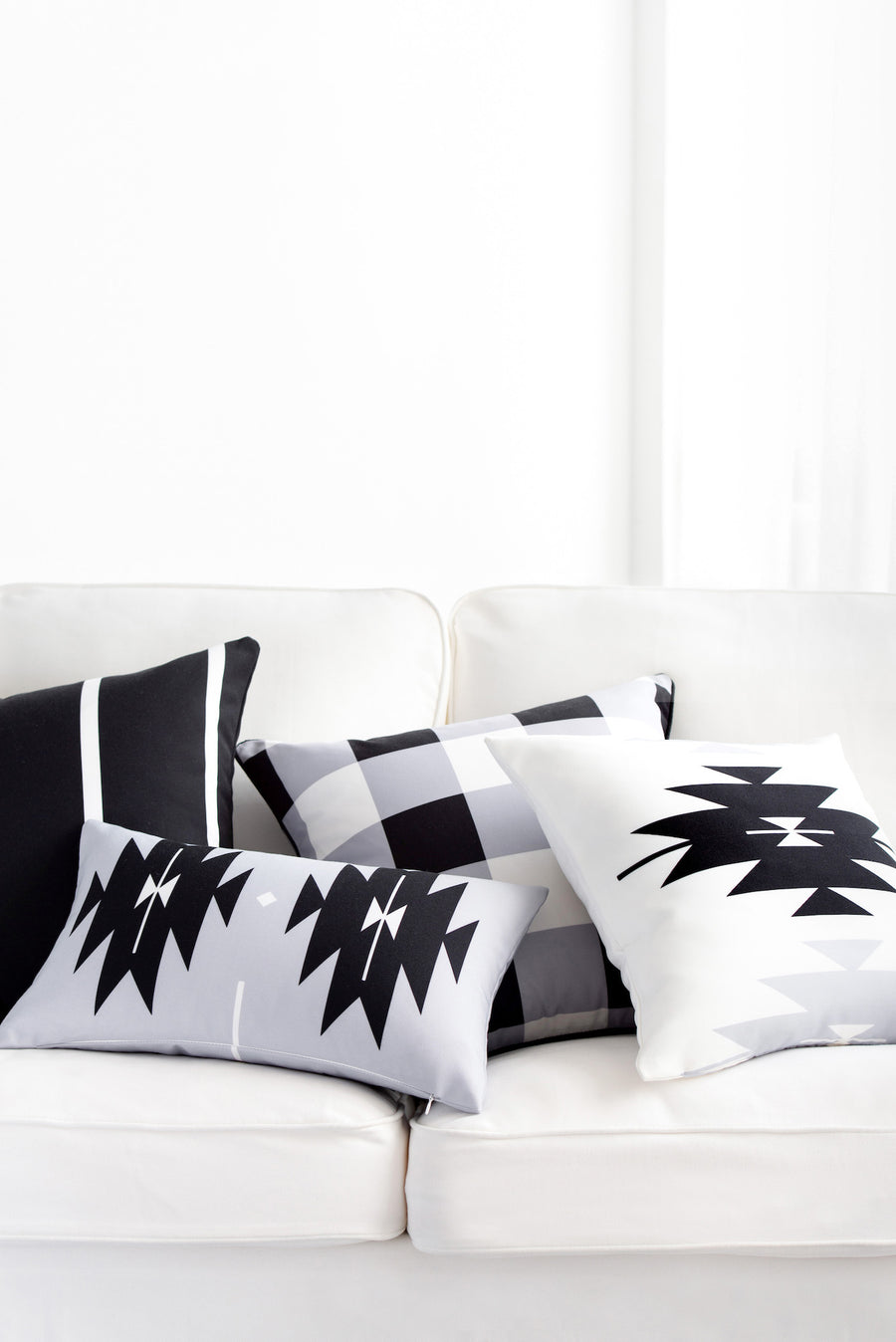 Modern Boho Outdoor Lumbar Pillow Cover, Black Gray Aztec Triangles, 12