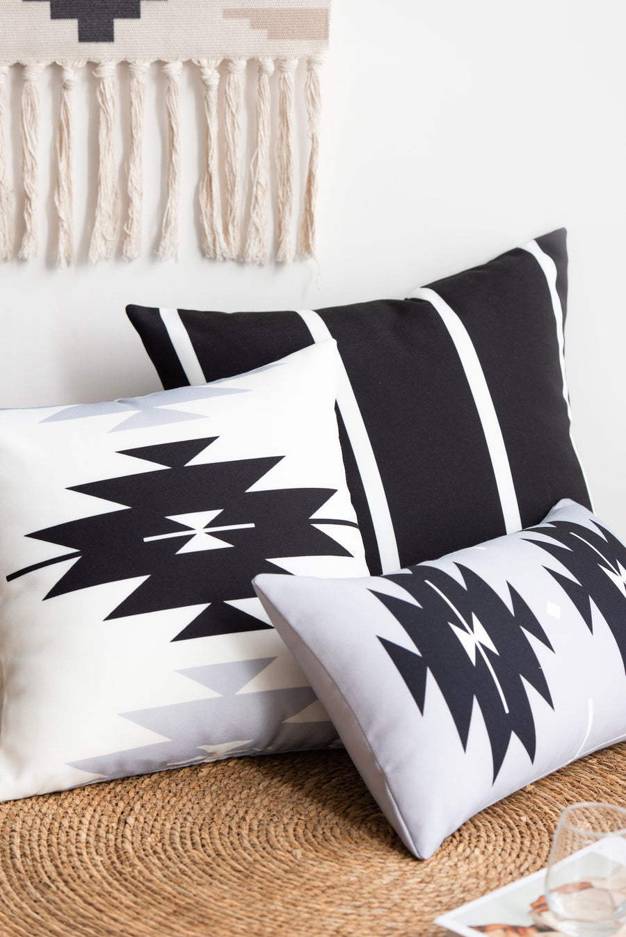 Modern Boho Outdoor Lumbar Pillow Cover, Black Gray Aztec Triangles, 12